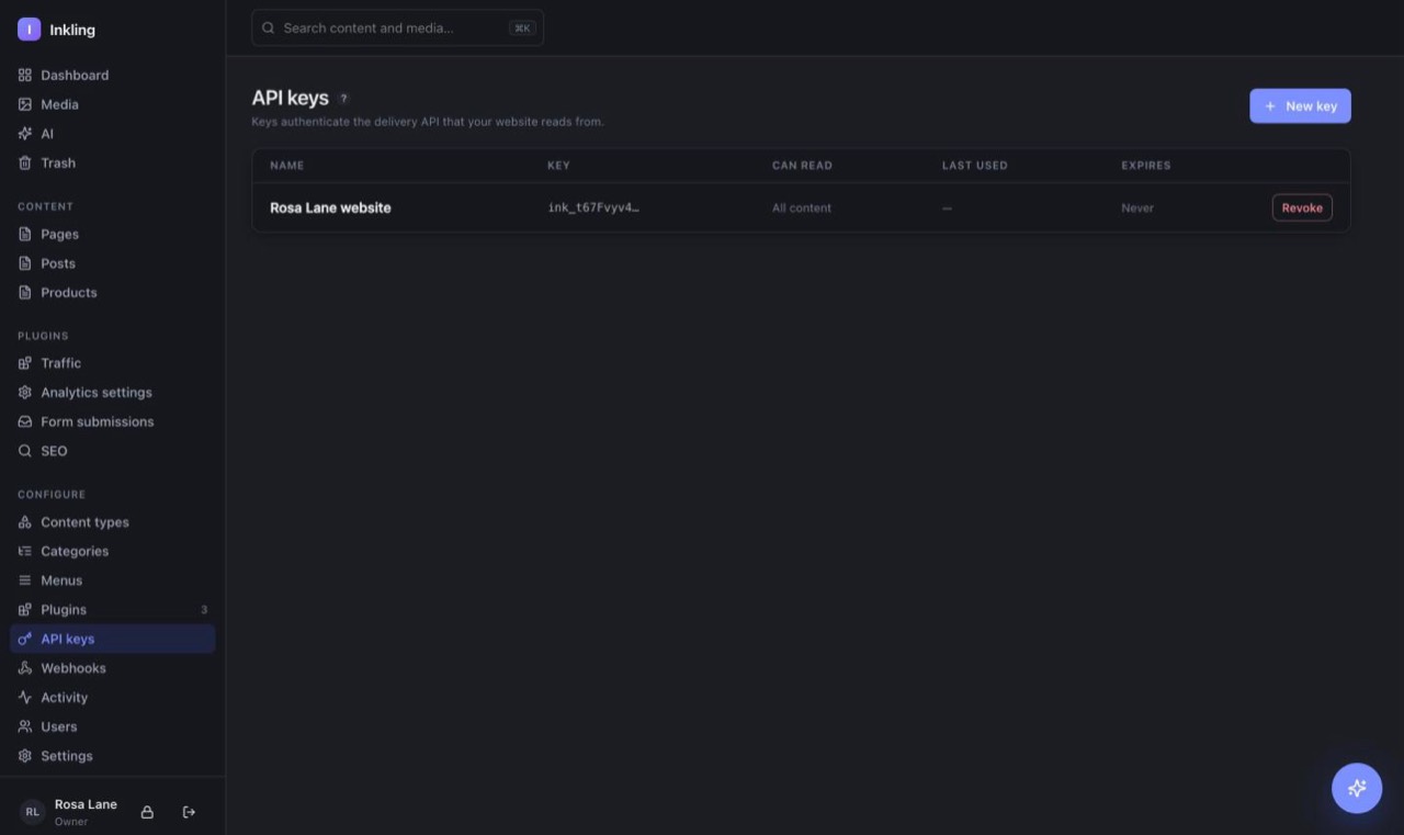 The api keys screen in Inkling