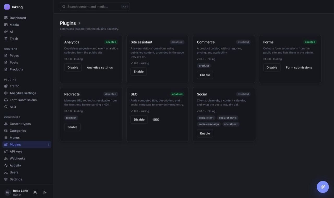 The what plugins are screen in Inkling