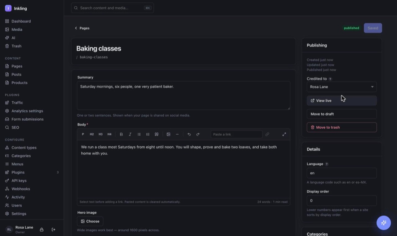 The draft, review, published screen in Inkling